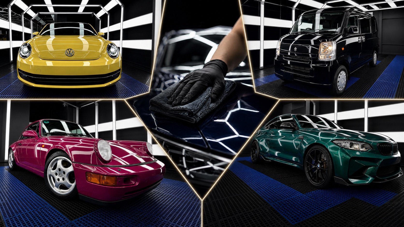 Montage of an everyday yellow car, a practical black compact, a heritage magenta coupe, a green performance coupe and a gloved hand caring for paint inside the Pure Detailing workshop